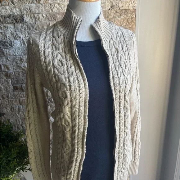 L.L. Bean Cream Cardigan with Cable Knit Design - Picture 2 of 12